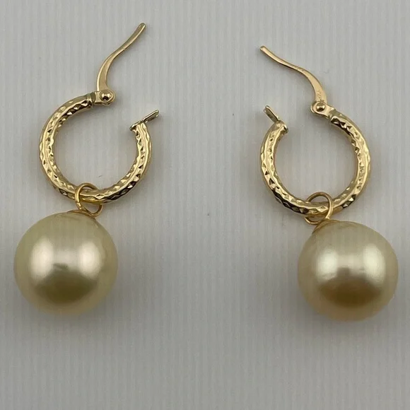 18K Gold Huggie Earrings with Champagne South Sea Pearl Drops 12mm - Picture 15 of 16